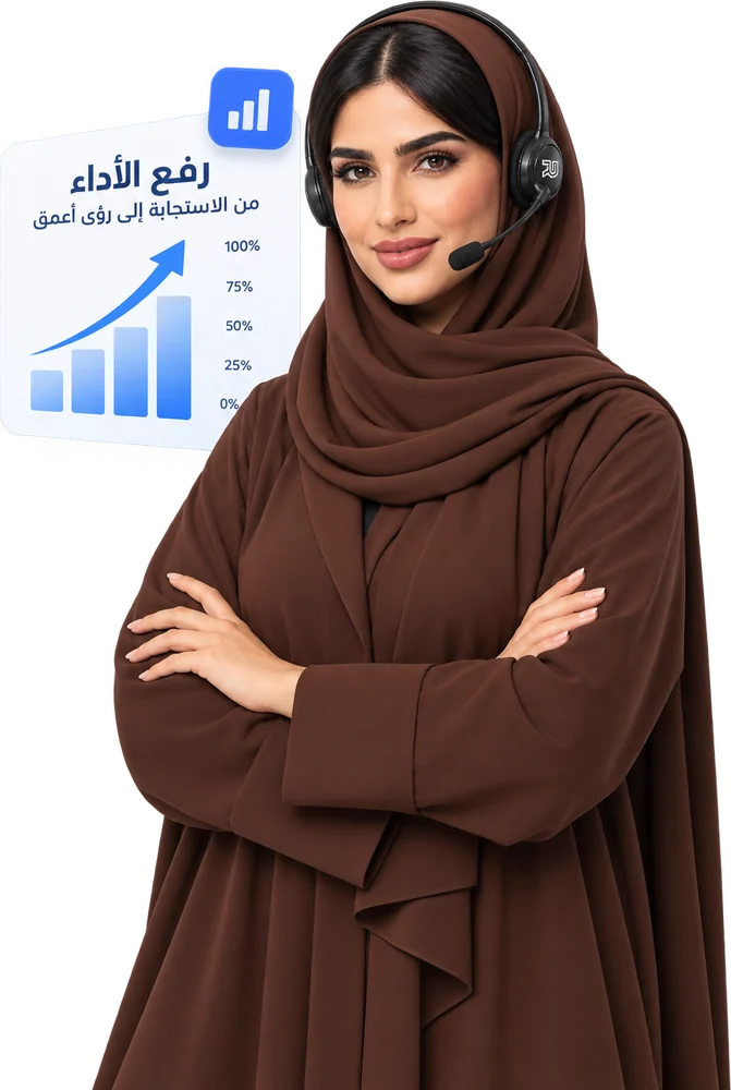 موظفة خدمة عملاء بجانب رسم بياني لنمو الأداء